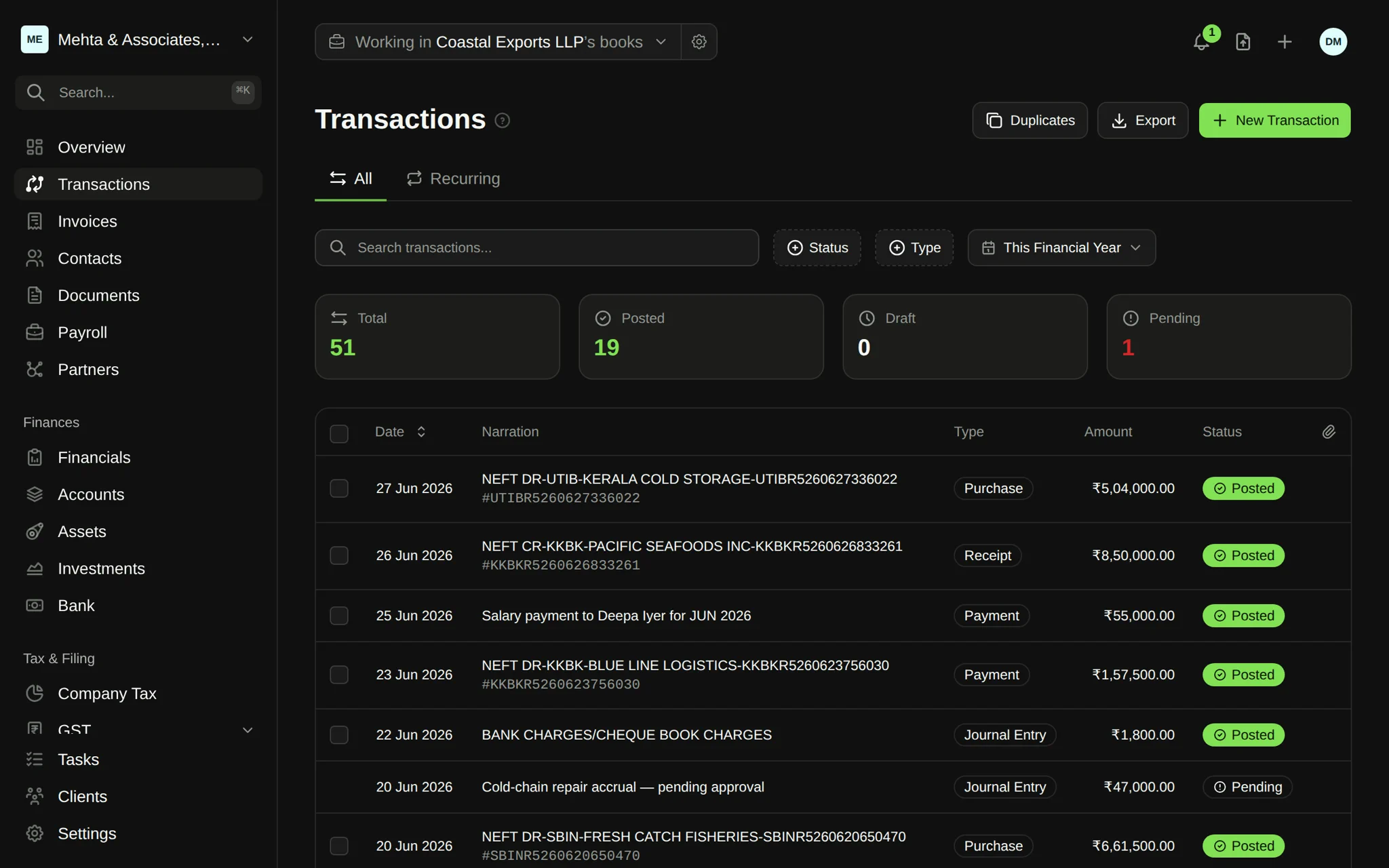 The WeKeep transactions ledger — double-entry bookkeeping
