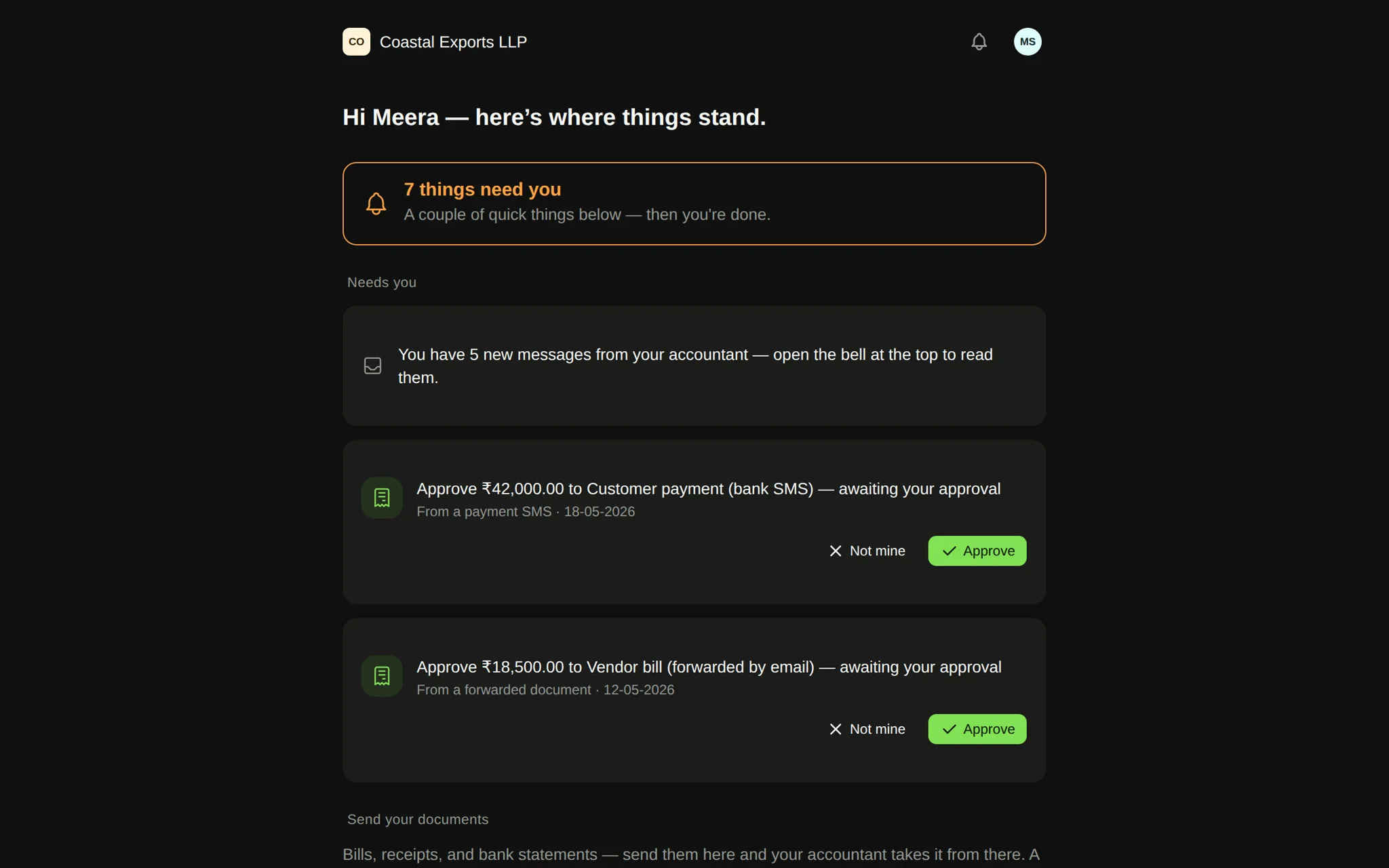 The WeKeep client overview — the focused, plain-language view a managed client (Coastal Exports) sees
