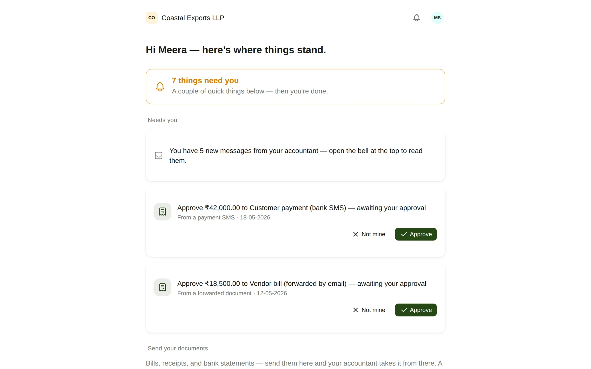 The WeKeep client overview — the focused, plain-language view a managed client (Coastal Exports) sees