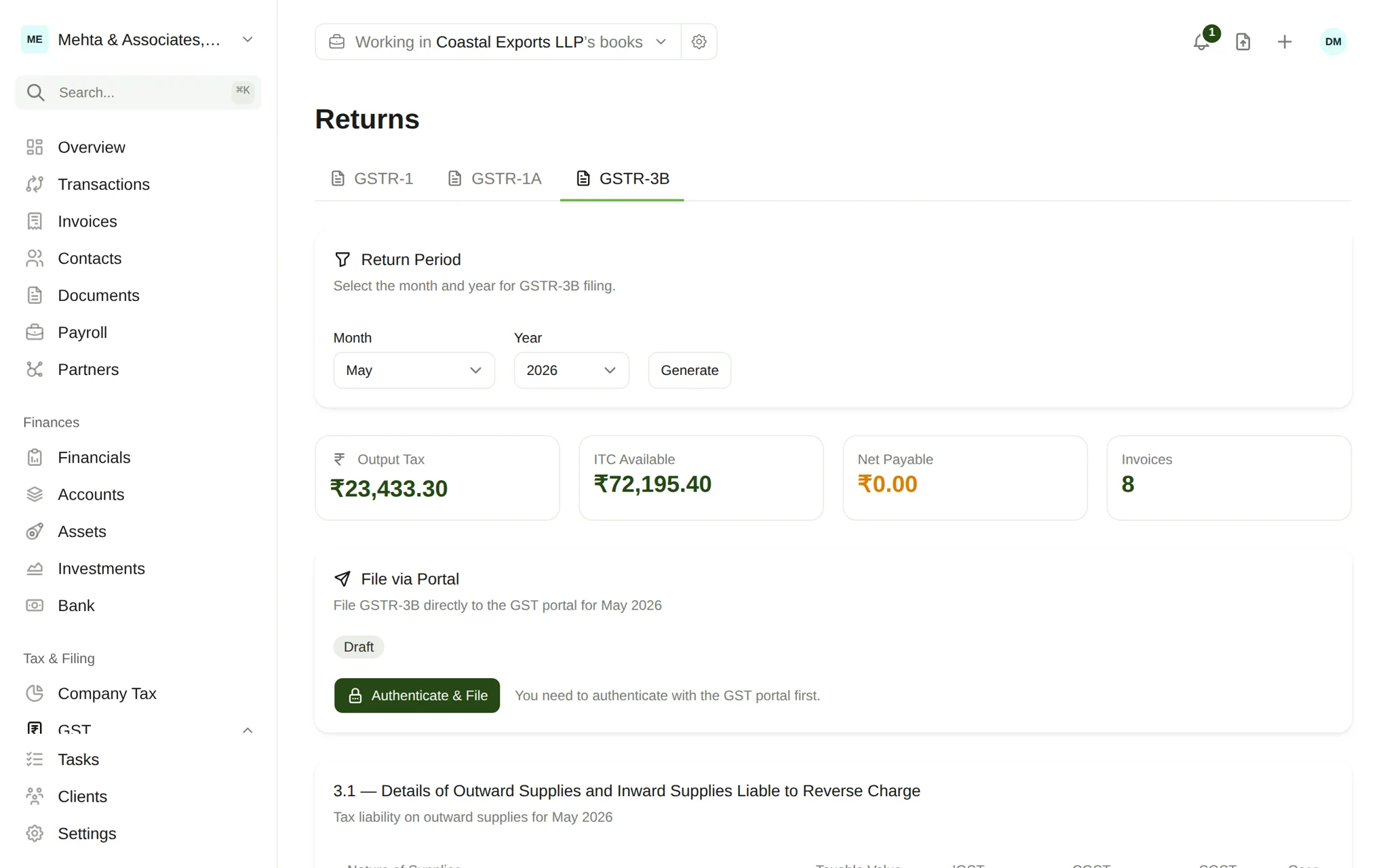 The WeKeep GSTR-3B return — GST computed straight from the books