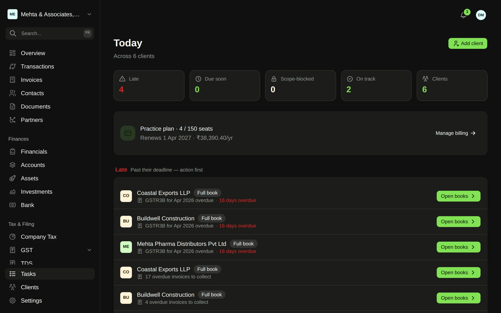 The WeKeep practice cockpit — every client and deadline in one place
