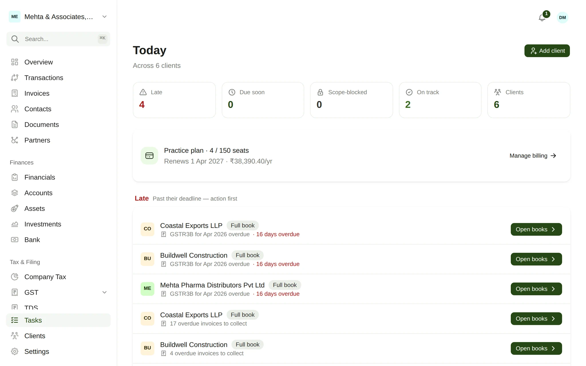 The WeKeep practice cockpit — every client and deadline in one place
