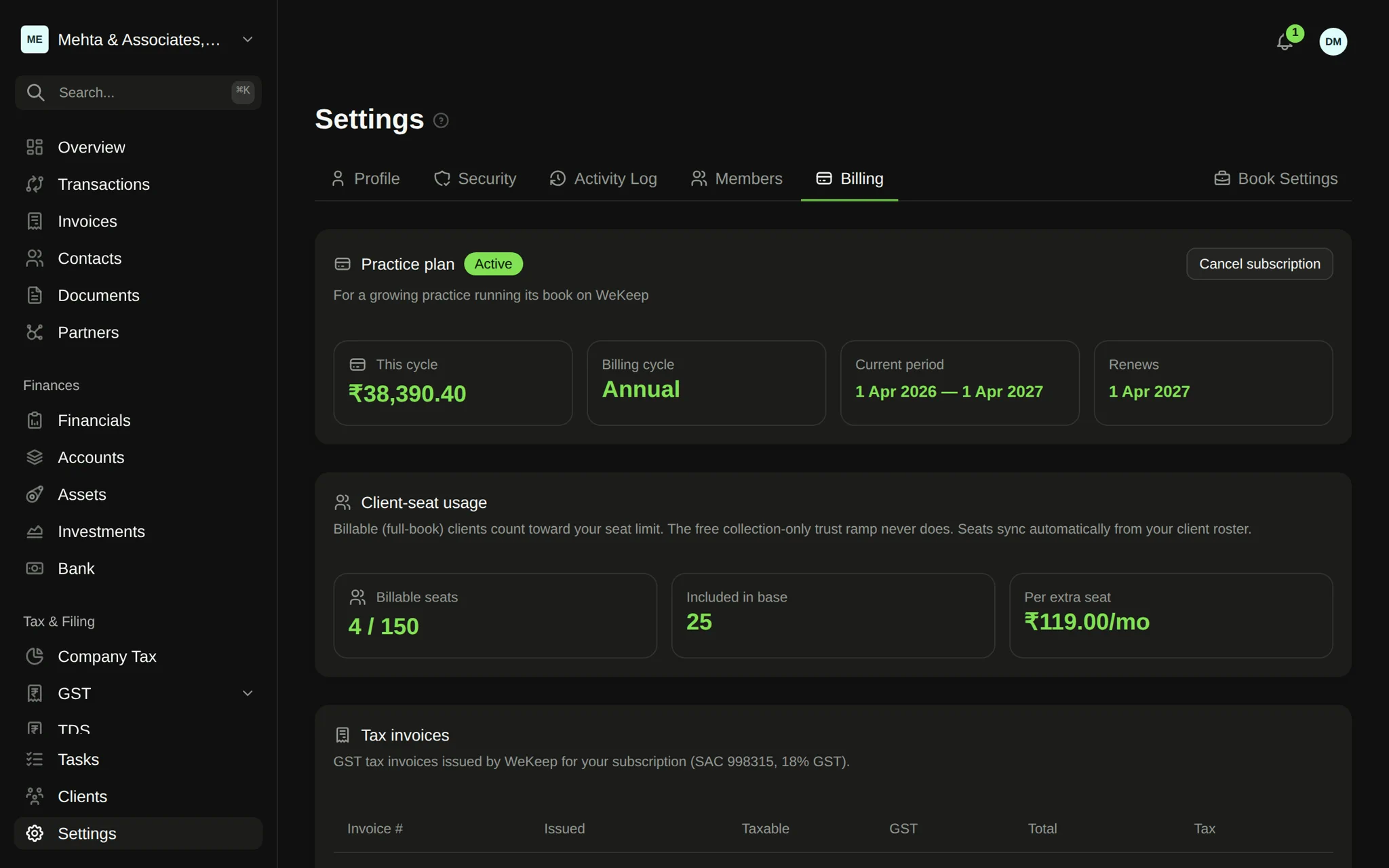 Practice billing — plan, per-client seats and invoices