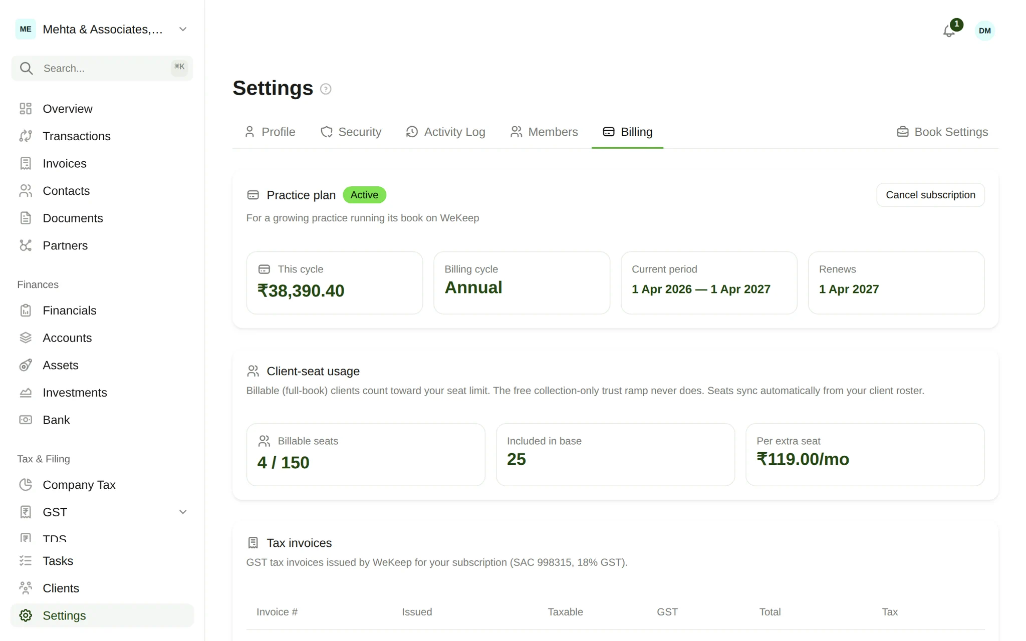 Practice billing — plan, per-client seats and invoices